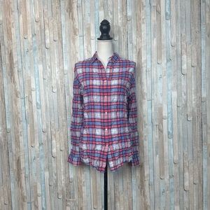 J McLaughlin XL Pink Blue Crinkled Plaid Button Down Lois Shirt Blouse Top $178